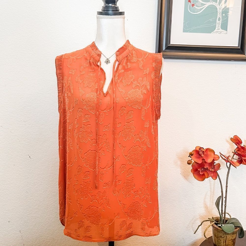 🍋 Rose + Olive • Women’s Orange Floral Split Neck Sleeveless Top Size XL